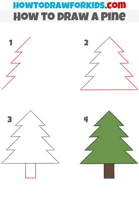 Christmas Tree Drawing Tutorial, How To Draw Kindergarten Step By Step, Draw A Pine Tree, Tree Tattoo Drawings, Tree Drawing For Kids, Christmas Drawings For Kids, English Drawing, Tree Line Drawing, Trees Drawing Tutorial