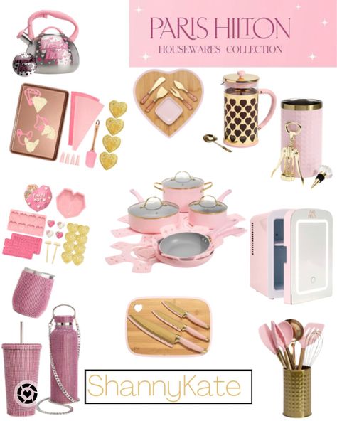 Paris Hilton Cookware, Barbiecore Kitchen, Paris Hilton Kitchen Set, Paris Hilton Kitchen, Pink Pots And Pans, Mini Fridge Pink, Pink Knives, Usc Dorm, Pink Mini Fridge