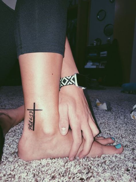 Phil 4:13 Biblical quote tattoo on the ankle | www.otziapp.com Ankle Tattoo Cross, Small Cross Tattoos, Verse Tattoos, Cross Tattoos For Women, Ankle Tattoos For Women, Ankle Tattoos, Snakebites, Shape Tattoo, Religious Tattoo