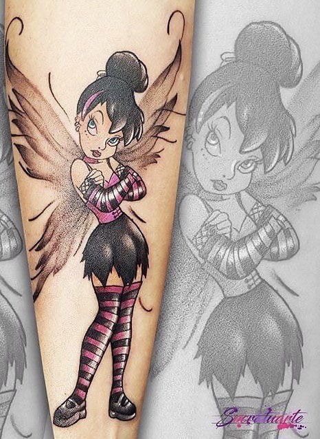 Gothic Tinkerbell Tattoo, Goth Tinkerbell Tattoo, Tinkerbell Tattoo Designs, Tinkerbell Tattoo Sassy, Tinkerbell Tattoo Ideas, Tattoo Tinkerbell, Triple Tattoo, Tattoos Anchor, Cute Disney Tattoos