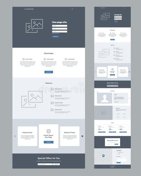 One Page Website Design Template For Business. Landing Page Wireframe. Flat Modern Responsive Design. Ux Ui Website Template. Stock Vector - Illustration of facts, concept: 150020156 Webpage Design Layout, Ux Design Principles, Wireframe Website, Website Layout Inspiration, Website Design Inspiration Layout, Site Model, Wireframe Design, Business Website Templates, Webdesign Inspiration