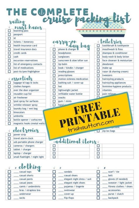 Cruise Packing List | Free Printable Complete Cruise Packing Check List Packing List Free Printable, Caribbean Cruise Packing, Cruise Checklist, Cruise Packing List, Cruise Packing Tips, Cruise Packing, Cruise Essentials, Sailing Cruises, Packing List For Cruise