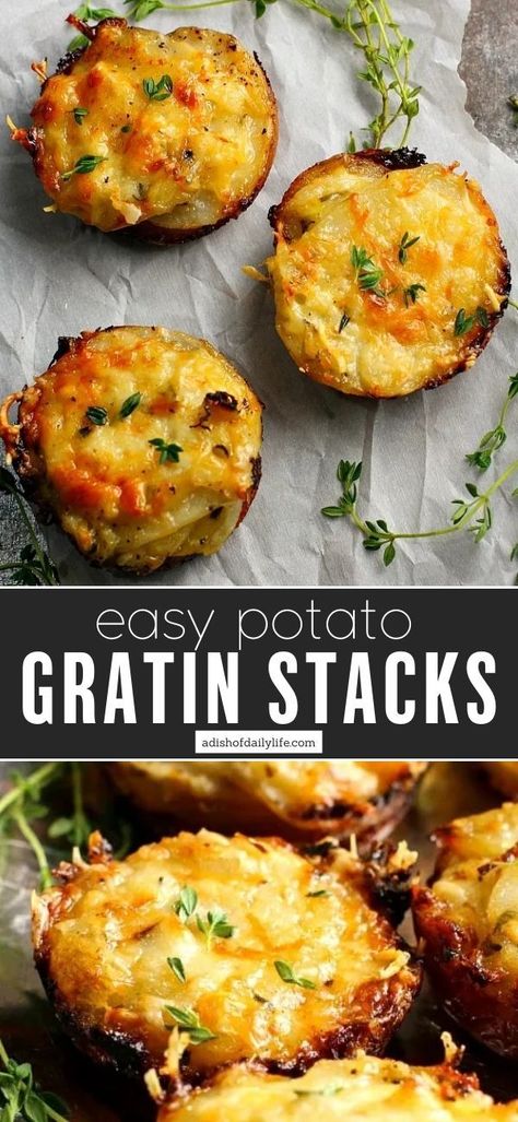 These Potato Gratin Stacks are a great short cut option for the more time consuming Potatoes Au Gratin casserole dish. They’re just as delicious, and they’re easier to make! Potato Gratin Stacks, Easy Potato Gratin, Potato Gratin Easy, Au Gratin Potatoes, Gratin Potatoes, Cheesy Potato Casserole, Mini Potatoes, How To Make Potatoes, Potatoes Au Gratin