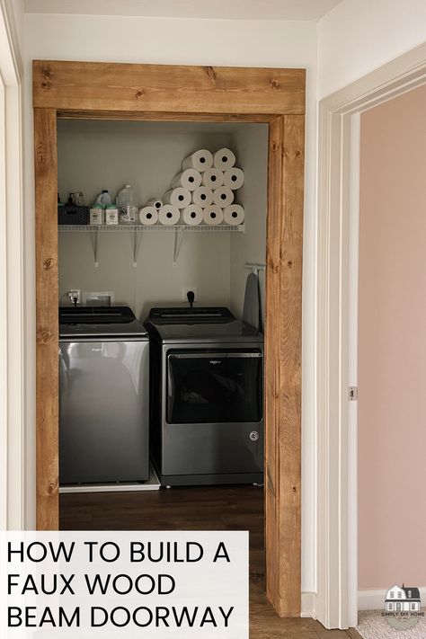 Want to impress your friends and family with your DIY skills? Check out our step-by-step guide to building a faux wood beam doorway - a fun, creative, and affordable project that will add a touch of rustic charm to your home 🏠✨🛠 Faux Wood Cased Opening, Wood Beam Over Doorway, Faux Wood Archway, Wood Trim Around Doorways, Wooden Beam Door Frame, Doorway Beams Door Frames, Rustic Door Frame, Faux Wood Beam Door Frame, Wood Beam In Doorway