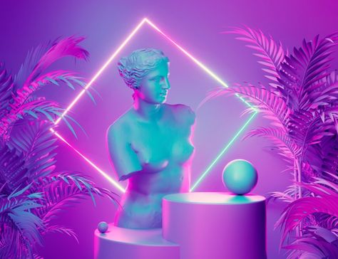 Podium display with purple and blue glow... | Premium Photo #Freepik #photo #geometric #light #neon #shapes Vaporwave Party, Spiral Design Art, Neon Animals, Korean Bar, Neon Abstract, Geometric Light, 80s Neon, Vaporwave Art, Futuristic Background