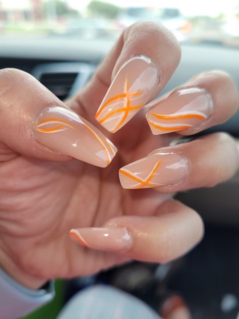 Nails To Go With A Orange Dress, White French Tip With Orange Design, Orange Prom Dress Nails, Nails To Match Orange Dress, Prom Nails Orange Dress, White Nails With Orange Design, Orange Nails For Prom, Nude Neon Nails, White And Orange Nails Acrylic