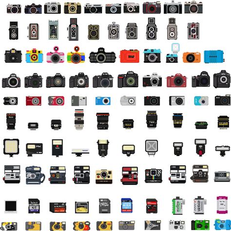 A collection of 100 pixelated camera illustrations for anybody to download and use in whatever way they see fit. Billy Brown, Photo Pixel, Pixel Camera, Old Camera, Photography Illustration, Photography Camera, Photography Equipment, 8 Bit, Photography Design