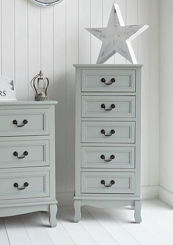 Berkeley tallboy chest of grey drawers. Ideal for bedroom, hall, living room or bathroom. Grey and white bedroom furniture. New England, Scandi, French and Danish style furniture from The White Lighthouse Tall Narrow Dresser, Shabby Chic Chest Of Drawers, Lemari Laci, Grey Bedroom Paint, Grey Painted Furniture, Narrow Chest Of Drawers, Narrow Dresser, Tallboy Chest Of Drawers, Chest Drawers