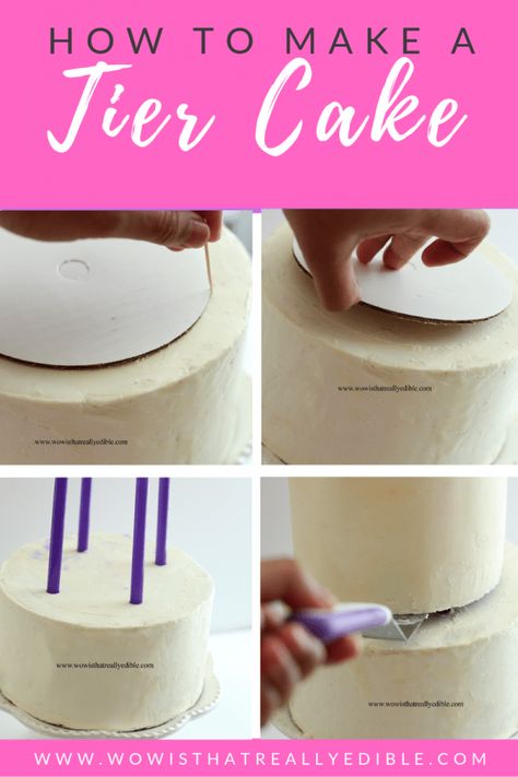 Learn how to make a tiered cake step by step plus tips for preventing cakes from crumbling. Buttercream Tiered Cake, Diy 2 Tier Cake, How To Tier Cakes, 2 Layer Birthday Cake For Women, How To Make 2 Tier Cake, Making A Two Tier Cake, How To Make A Tiered Cake, Firm Cake Recipe, Making A Tiered Cake