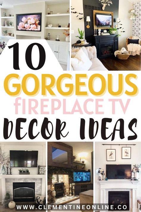 10 Gorgeous Decor ideas: How to decorate a fireplace mantel and place your TV - Clementine Online How To Decorate Large Mantle, How To Decorate Brick Fireplace, What To Put On A Fireplace Mantel, How To Decorate Fireplace With Tv, White Fireplace Mantels Decor, Under Tv Fireplace Decor, How To Decorate Beside Fireplace, Fireplace Mantle Inspiration, Decorate Mantle Fireplace With Tv