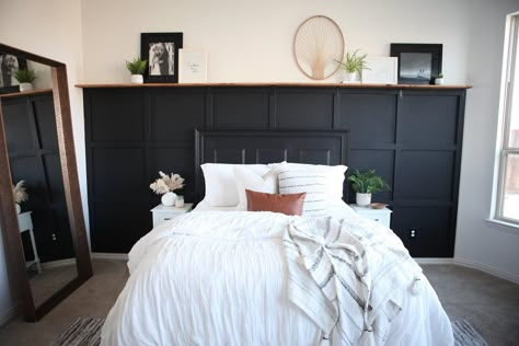 Black Half Wall Bedroom, Bead Board Bedroom Walls, Bead Board Walls Bedroom, Bedroom With Black Accent Wall, Ranch Glam, Shelf Over Bed, Boho Farmhouse Bedroom, Black Feature Wall, Feature Wall Bedroom