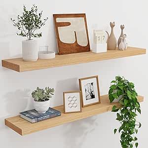 Solid Oak Floating Shelves - Set of 2, 36" Wide x 8" Deep Wall Mounted Rustic Wooden Display Shelf for Bathroom Bedroom Kitchen Garage with Heavy-Duty Bracket - Natural Oak Finish Floating Kitchen Shelves, Shelves Above Toilet, Shelf For Bathroom, Oak Floating Shelves, Kitchen Garage, Floating Shelves Bathroom, Oak Shelves, Wooden Display, Living Room Organization