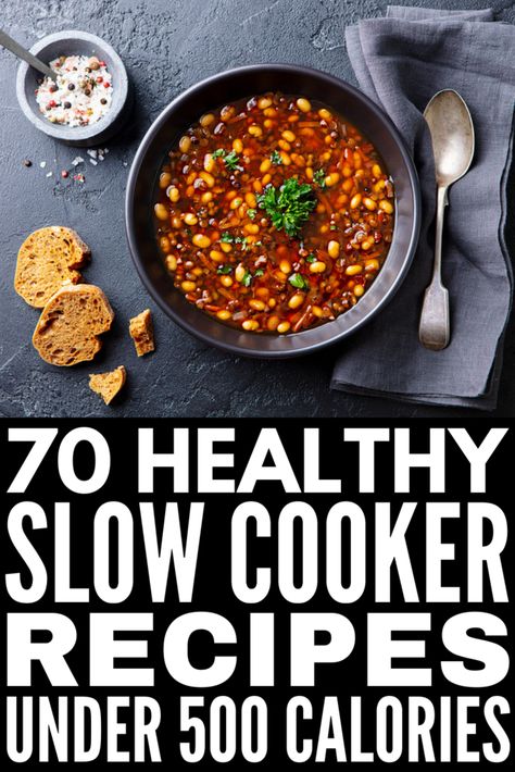 70 Healthy Slow Cooker Recipes Under 500 Calories | If you're on a clean eating kick and want simple and easy slow cooker recipes to help you stick to your goals on even your busiest days, we've curated the best of the best! Whether you're a meat eater like me, and enjoy chicken, beef, or pork dinners, prefer vegetarian options, or you follow a particular diet like the low carb keto, paleo, or Whole30, there's a recipe here for you! These make ahead meals are delish! Healthy Slow Cooker Dump Recipes, Low Calorie Crock Pot Chicken Recipes, Clean Eating Crockpot Meals Healthy, Noom Crockpot Recipe, Calorie Deficit Crock Pot Meals, Low Calorie Dump Meals, Heathly Crockpot Meals, Easy Crockpot Chicken Recipes Healthy Clean Eating, Healthy Low Carb Slow Cooker Recipes