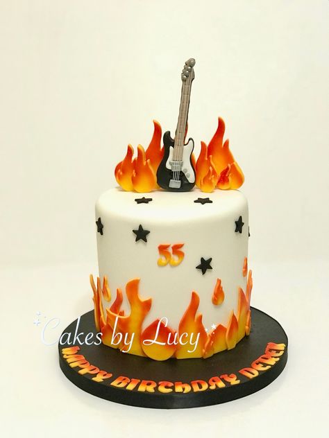 Bass guitar & rock themed cake with fire Electric Guitar Cake Ideas, Guitar Themed Cake, Rock And Roll Cake Ideas, Bass Guitar Cake, Rock Star Cakes, Guitar Birthday Cakes, 60th Cake, Guitar Birthday, Sports Cake