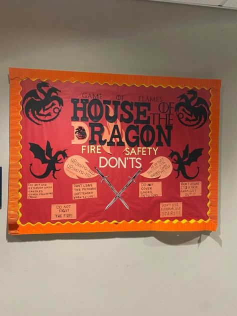 Stranger Things Ra Bulletin Board, Fire Safety Bulletin Board, Game Of Thrones Bulletin Board, Game Of Thrones Classroom Theme, Dragon Bulletin Board, Game Of Thrones Door Decs, Door Dec Ideas Ra, College Door Decs Cricut, Notice Board Decoration