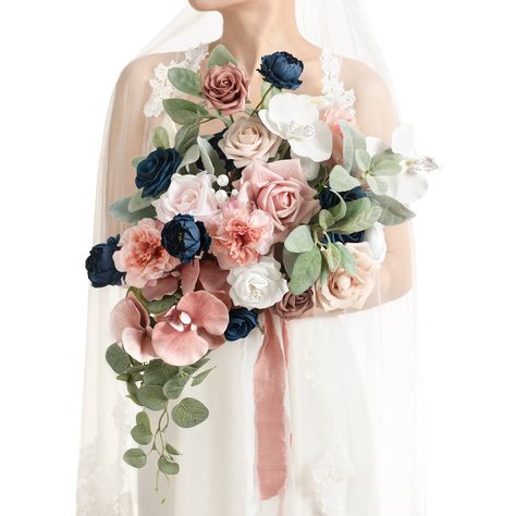 PRICES MAY VARY. Package: A 15" bridal bouquet with 2 ribbons wrapped on a card. Size: The bride's bouquet is approx. 15" wide by 20" tall (includes sagging greenery), one white chiffon ribbon is 2.25" W x 5ft L, and one sage cotton ribbon is 1.5" W x 5ft L. Material: Made of high-quality silk flowers and silk greenery. Silk flowers include dusty rose open rose, white phalaenopsis, dusty rose phalaenopsis, dusty rose carnation, and navy blue petite peony. Foam flowers include white rose, navy bl Navy Blue Bridal Bouquet, Hot Pink Wedding Bouquet, Bridal Bouquet Cascading, Navy Blue Bouquet, Bouquets For Wedding, Pink And Blue Wedding, Artificial Flower Wedding Bouquets, Bride Bouquets White, Blue Bridal Bouquet