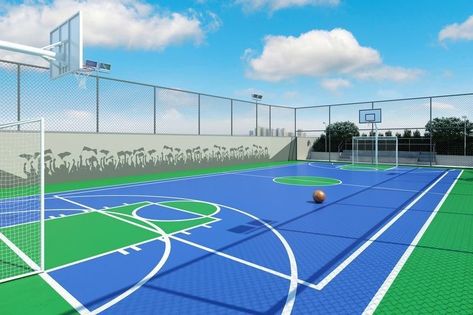 Indoor Soccer Field, Outdoor Sports Court, Fitness Center Design, Home Basketball Court, Basketball Court Backyard, Backyard Sports, Outdoor Basketball Court, Urban Playground, Backyard Kids Play Area