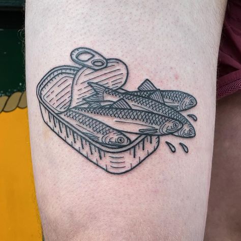 - Lubok tattooing - on Instagram: “A tin of anchovies for Christian 🐟🐟🐟 Thank you for such a fun idea!!! Done at @eastrivertattoo” Fish Tattoo On Thigh, Fish Tattoo Behind Ear, Fish Tattoo Men, Norway Tattoo, Finch Tattoo, Can Of Sardines, Small Fish Tattoos, Trippy Tattoo, Stick Poke Tattoo