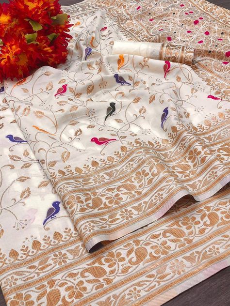 Lichi Silk Saree, Saree Pallu, Jacquard Saree, Brocade Saree, Handloom Weaving, White Saree, Silk Saree Blouse, Bird Motif, Designer Blouse Patterns