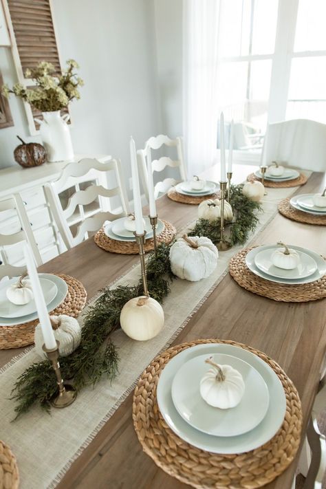 Farmhouse Fall – North Carolina Yoga Girl  #fall #falldecor #falldecorations #falldecorating #modernfarmhouse #falldecoratingideas Fall Decoration Dining Table, Fall Table Centerpieces Long Table, Table Runner Dining Table, Boho Fall Dining Table Decor, Fall Dinning Room Tables, Modern Fall Dining Table Decor, Farmhouse Dinner Table Decor, Fall Dining Table Decor Ideas, Fall Kitchen Table Decor