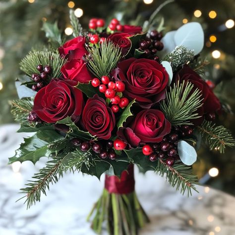 10 Stunning Winter Wedding Bouquets to Inspire You – Find Your Perfect Seasonal Style - Yeah Weddings Christmas Bridal Bouquet Poinsettia, Cascading Winter Bouquet, Non Traditional Bridal Bouquets, Christmas Vintage Wedding, Wedding Winter Flowers, Wedding Bouquets Christmas, Christmas Wedding Bouquets Bride, Christmas Wedding Boutonniere, New Years Bouquet