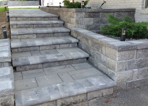 retaining walls using "Diamond" wall block and steps from Anchor and "Blu" pavers from Techo-Bloc Pathway On A Slope, Front Stoop Ideas, Stoop Ideas, Retaining Wall Steps, Cape Cod Interior Design, Front Stoop, Walkway Landscaping, Hillside Garden, Stone Steps