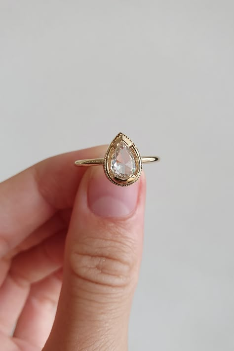 Rosecut Engagement Ring, Rose Cut Pear Diamond Ring, Rose Cut Sapphire Ring, Pear Bezel Engagement Ring, Flat Diamond Rings, Rose Cut Engagement Ring, Champagne Diamond Engagement Ring, Rose Cut Engagement Rings, Champagne Diamonds Engagement