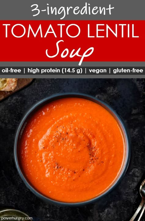 Easy, delicious, 3-Ingredient tomato lentil soup, with 14.5 g protein & only 135 calories per serving! It is vegan, oil-free, & gluten-free. #oilfree #grainfree #glutenfree #vegan #lentils #tomatosoup #lentilsoup #highprotein #plantprotein #cleaneating #cleaneats #highfiber #fitnessfood #3ingredients #3ingredientsoup #easyrecipe #3ingredientmeal Winter Recipes Healthy, Lentil Tomato Soup, Dairy Egg Free Recipes, Superfood Soup, Soups Healthy, Tomato Lentil Soup, Tomato Lentils, Healthy Winter Meals, Vegan Lentil Soup