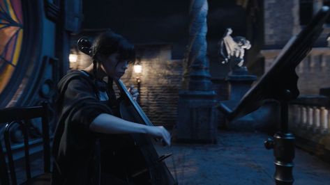 Wednesday Playing The Cello, Wednesday Addams Cello Scene, Wednesday Cello Scene, Wednesday Addams Cello, Addams Family Series, Goth Academia, Wednesday Addams Cosplay, Film Icon, Press Play