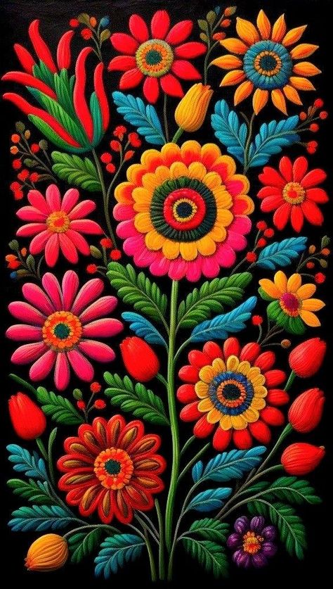 Mexican Pattern Design Folk Art, Mexican Flower Mural, How To Paint Mexican Flowers, Dahlia Mexico, Mexican Design Pattern, Mexican Folk Art Flowers, Mexican Floral Pattern, Spanish Flowers, Mexican Pattern