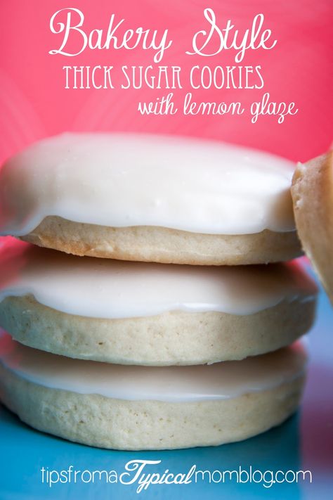 Kneaders Bakery Sugar Cookies Recipe with awesome Lemon Glaze! These are perfectly thick and fluffy Bakery Style Sugar Cookies and the glaze is perfect and hardens so you can stack the cookies. From Tips From a Typical Mom. Bakery Style Sugar Cookies, Bakery Sugar Cookies, Thick Sugar Cookies, Lemon Glaze Recipe, Cookies With Lemon, Citrus Recipes, Cutout Cookies, Christmas Picks, Lemon Glaze