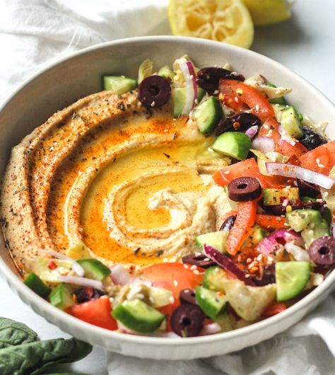 Greek Salad Topped Hummus by itsallgoodvegan | Quick & Easy Recipe | The Feedfeed Loaded Hummus, Hummus Bowl, Crunch Salad, Garlic Hummus, Delicious Veggies, Salad Toppings, Pickled Veggies, Vegan Appetizers, Hummus Recipe