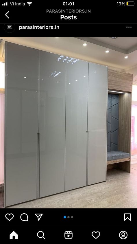 Grey Colour Wardrobe Designs, Grey Almirah Design, Glossy Finish Wardrobes, Almirah Color Ideas, Frosted Glass Wardrobe, Grey Wardrobe Bedroom, Wardrobe Laminate Design Master Bedrooms, Wardrobe Exterior, Room Elevation