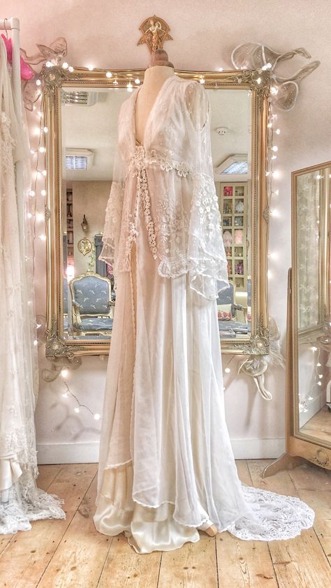 Bespoke Boho style wedding dress in silk chiffon and antique lace by Joanne Fleming Design Joanne Fleming Wedding Dress, Rustic Barn Wedding Dress, Fantasy Fits, Antique Lace Wedding Dress, Silk Chiffon Wedding Dress, Lace Bohemian Wedding Dress, Joanne Fleming, Barn Wedding Dress, Boho Style Wedding Dress