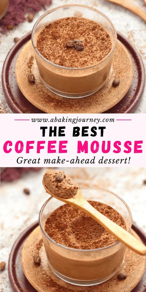 The Best Coffee Mousse Cups Recipe! Ever wondered how to make coffee mousse? This easy no bake coffee dessert recipe will show you exactly how! This espresso chocolate mousse is a great idea of a no bake dessert in cups for parties. The super easy coffee dessert will please any coffee lover with its super light and creamy texture - perfect way to finish a dinner party! #coffeemousse #dessertcoffee #dessertincups #nobakedessert #espressocups #espressomousse #dinnerpartydessert #dessertcups Coffee Desserts No Bake, Thickened Cream Recipes, Instant Coffee Recipes Baking, Desserts Made With Coffee, Coffee Food Recipes, Light Desert Ideas, Dessert Cups Ideas, Dessert In Cups, Coffee Desserts Easy