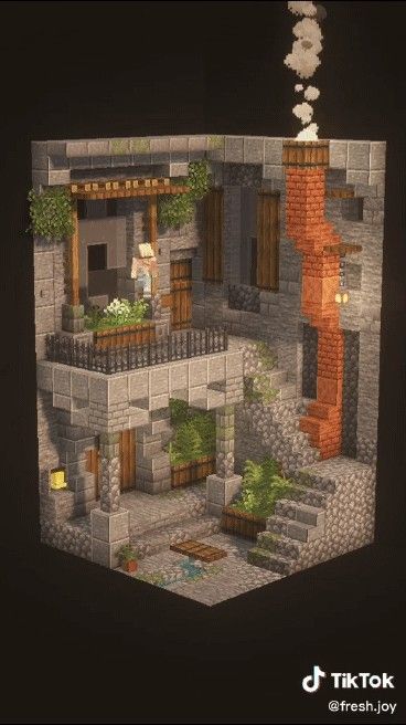 Town Builds Minecraft, Minecraft Puzzle Ideas, Ravine Village Minecraft, Minecraft Village Square, Ravine House Minecraft, Minecraft Ravine Ideas, Minecraft Mine Ideas, Minecraft Stained Glass Designs, Minecraft Building Inspiration