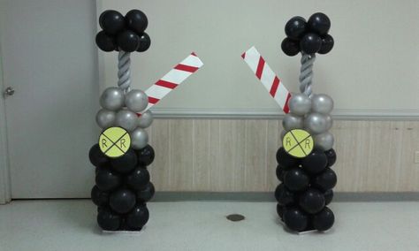 Railroad crossing by Blissful Balloons Train Balloon Arch, Train Balloon Decorations, Balloon Train, Train Birthday Balloons, Train Birthday Party Balloons, Train Party Balloons, Train Theme Balloon Garland, Train Birthday Balloon Garland, Train Balloons