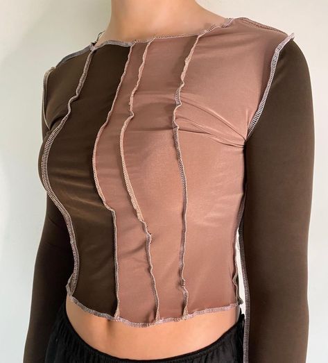 𝑮𝑳𝑰𝑻𝑪𝑯 on Instagram: “Chocolate long sleeved exposed seam top. Size 8/10 DM me to buy 🤍 -all tops have threads hanging loose but can be fastened and cut off on…” Exposed Seam Top, Pagan Fashion, Repurposed Clothing, Patchwork Top, Exposed Seams, Hang Loose, Refashion Clothes, Top Pattern, Sewing Ideas