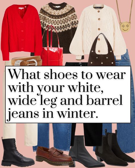 What shoes to wear with your white, wide leg and barrel jeans in winter - WearsMyMoney White Wide Leg Jeans Outfit, Wide Leg Jeans Shoes, Barrel Leg Jeans, White Wide Leg Jeans, Aw 2024, Wide Leg Jeans Outfit, What Shoes To Wear, Barrel Jeans, Winter Jeans