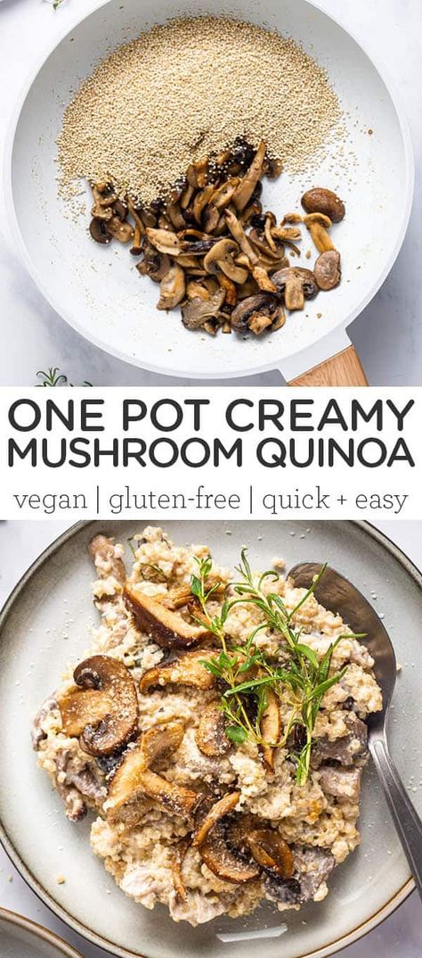 This is amazing Creamy Mushroom Quinoa is the best dish ever! This easy recipe uses just a few ingredients, is great for dinner or as a side, tastes amazing, and is the ultimate healthy dish for the holidays. This recipe is made with mushrooms, quinoa, cashew cream and served with fresh herbs. Vegan, gluten-free, and so easy to make. Quinoa Recipes Dinner, Pilsbury Recipes, Mushroom Side Dishes, Mushroom Quinoa, Quinoa Recipe, Mushroom Dish, Simply Quinoa, Cashew Cream, Vegan Meal Plans