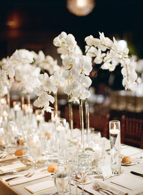 Orchid Centerpieces Wedding, Industrial Wedding Decor, White Weddings Reception, Hotel Flowers, Wedding Hall Decorations, Orchid Centerpieces, Candle Wedding Centerpieces, Classic Wedding Decorations, Wedding Reception Flowers