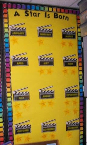 Bulletin Board idea -- Might be a great tie-in with the "Read a Good Movie" display   Elementary Hollywood Theme Classroom and Bulletin Board Idea Hollywood Classroom, Hollywood Theme Classroom, November Bulletin Boards, Birthday Board Classroom, Stars Classroom, Birthday Bulletin Boards, Birthday Bulletin, Writing Checklist, Birthday Display