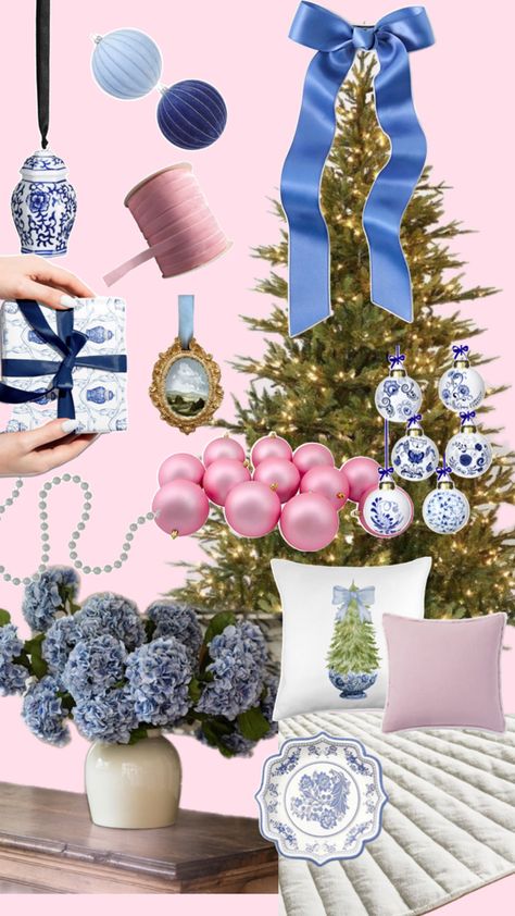 Chinoiserie Blue and Pink Christmas decor Pink And Blue Tree Christmas, Navy Blue And Pink Christmas Decor, Grandmillenial Christmas Decorations, Blue And Pink Christmas Decor, Blue And White Chinoiserie Christmas, Blue Pink Christmas, Chinoiserie Christmas Tree, Pink Xmas Tree, Chinoiserie Ornaments