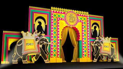 JCB | Facility Launch | Event Design on Behance Festival Entry Gate, Event Gate Design Entrance, Stage Design Ideas Creative, Diwali Events, Event Entrance Design, Event Entrance Arch Design, Event Entrance Arch, Aladdin Theater, Stall Decorations