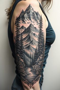 Woodsy Tattoos, Alaskan Flowers, Mt Tattoo, Star Poem, Mountain Sleeve Tattoo, Bush Landscape, Forest Tattoo Sleeve, Forest Forearm Tattoo, Forearm Cover Up Tattoos