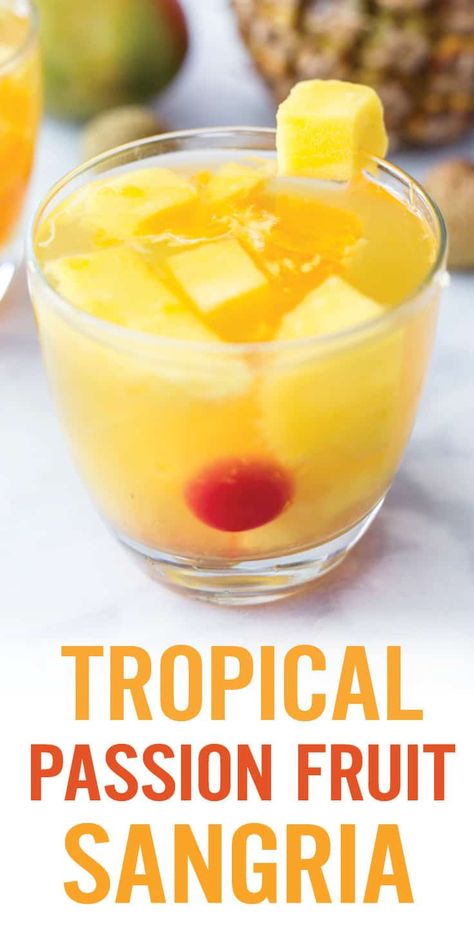 Easy White Sangria, Mango Sangria, Sangria Drink, Fruit Sangria, Fruit Syrup, Passion Fruit Syrup, Cocktail Drinks Alcoholic, White Sangria, Mixed Drinks Recipes