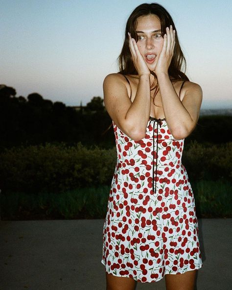 Devon Lee Carlson, Cherry Print Dress, Loose Mini Dress, Slip Mini Dress, Realisation Par, Cherry Dress, Dress Aesthetic, Cherry Print, Red Midi Dress