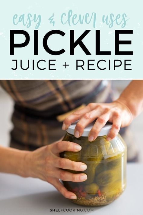 Pickle juice? It's a pretty big dill. Never throw out a jar of pickle juice again with this exhaustive list of ways that you can reuse the liquid! You’ll be so amazed by the many uses for this salty solution. Dill Pickle Juice Recipe, Pickle Brine Recipe, Uses For Pickle Juice, Pickle Juice Recipe, Pickle Juice Uses, Shelf Cooking, Pickle Brine, Easy Pickle, Canning Pickles