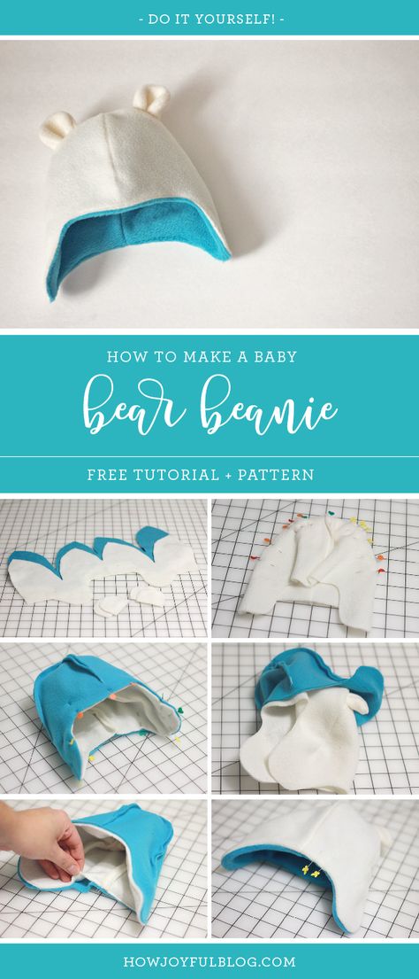 How to make a baby beanie with teddy bear ears - Tutorial and pattern by Joy Kelley from @howjoyful via @howjoyful Fleece Beanie Pattern Free, Ears Tutorial, Baby Hat Sewing Pattern, Teddy Bear Ears, Baby Teddy Bear, Easy Baby Blanket, Hat Patterns To Sew, Diy Bebe, Baby Beanie Hats