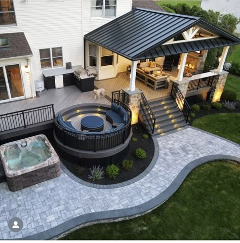 Backyard Patio And Deck Designs, New House Backyard Ideas, Covered Porch To Patio Transition, Backyard Dream Ideas, Large Back Deck Ideas, Modern Outdoor Deck Ideas, Big Backyard Layout, Back Deck Designs Layout, Large Back Patio Ideas